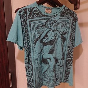 Blue boho Tribal bird girl print shirt S Sure